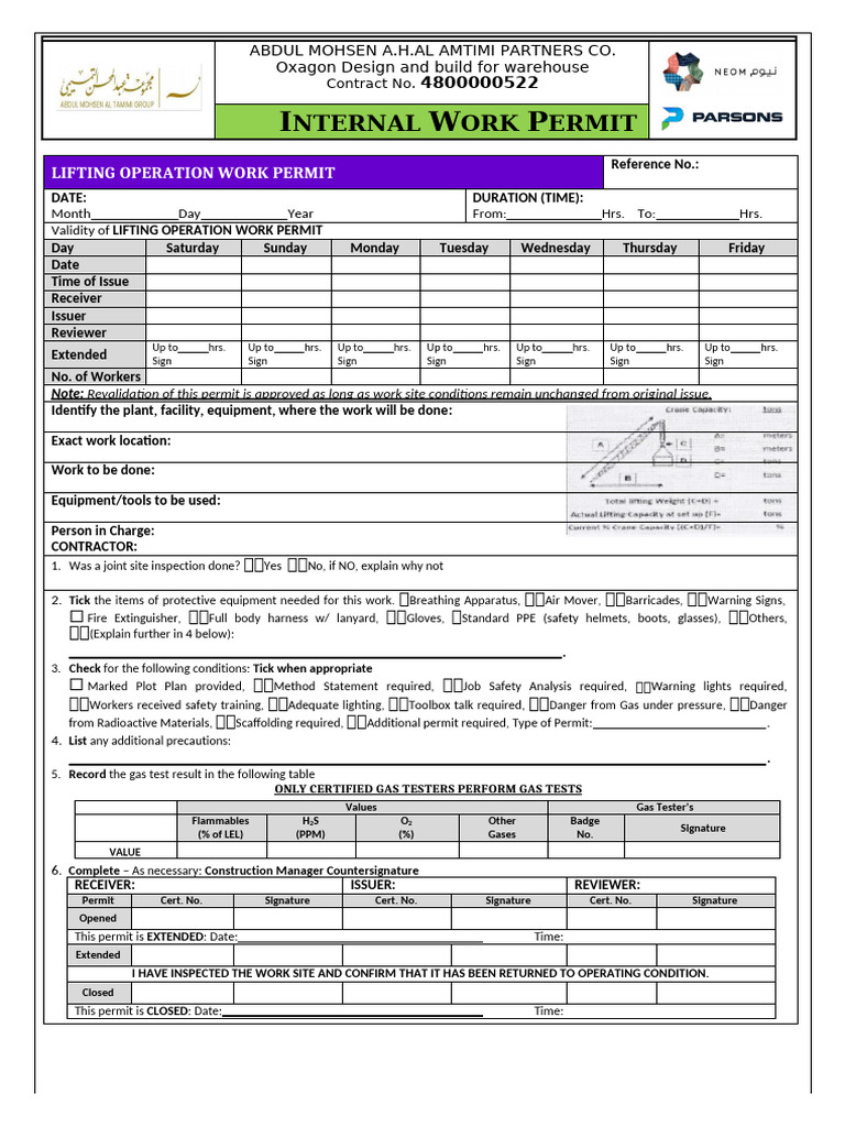 Internal Lifting Operation Permit Form | PDF | Safety
