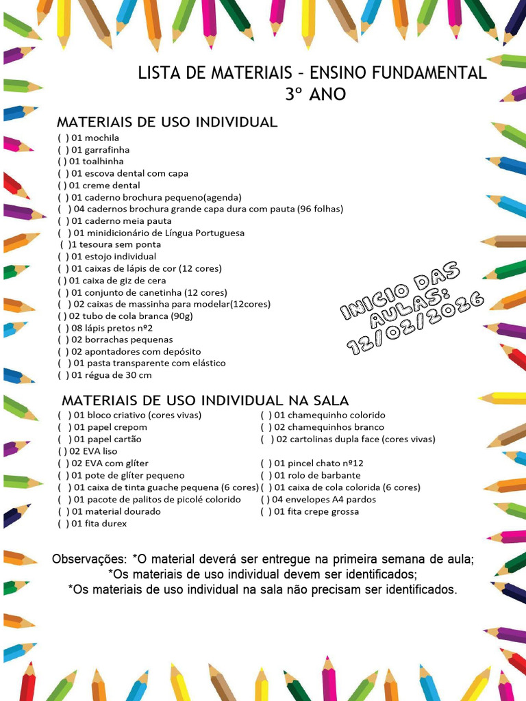 Materiais Necessários 3º Ano Ensino Fundamental | PDF
