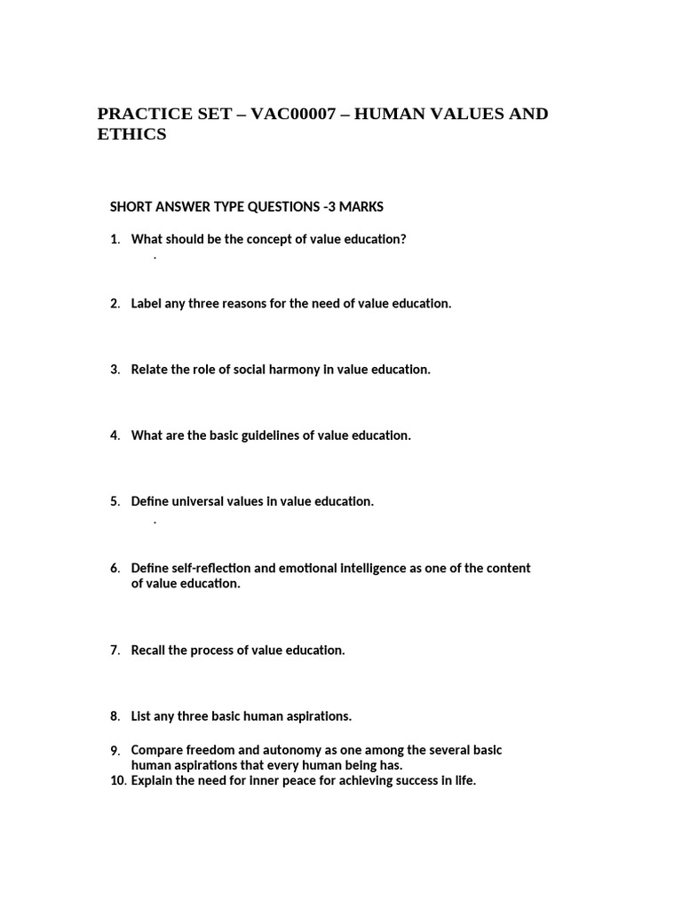 Human Values and Ethics Practice Set | PDF | Well Being | Happiness