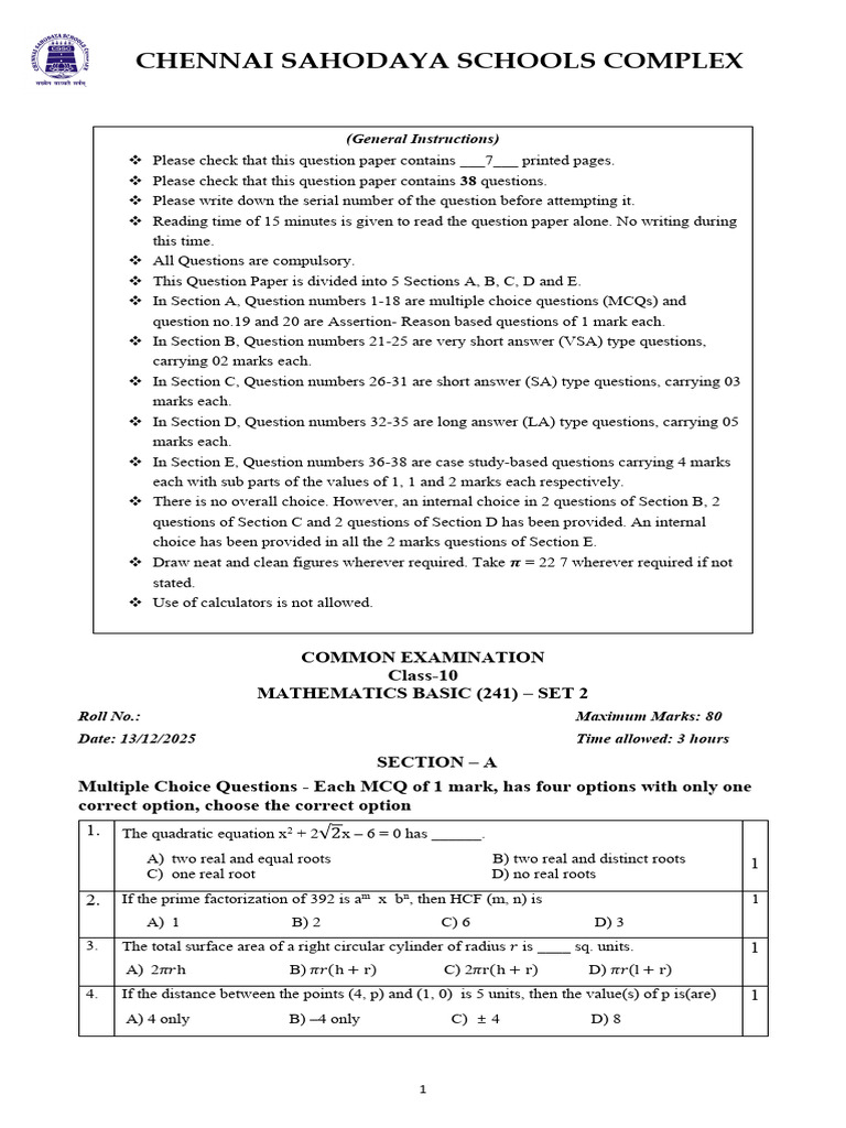 Class 10 Mathematics Exam Paper Set 2 | PDF | Circle | Triangle