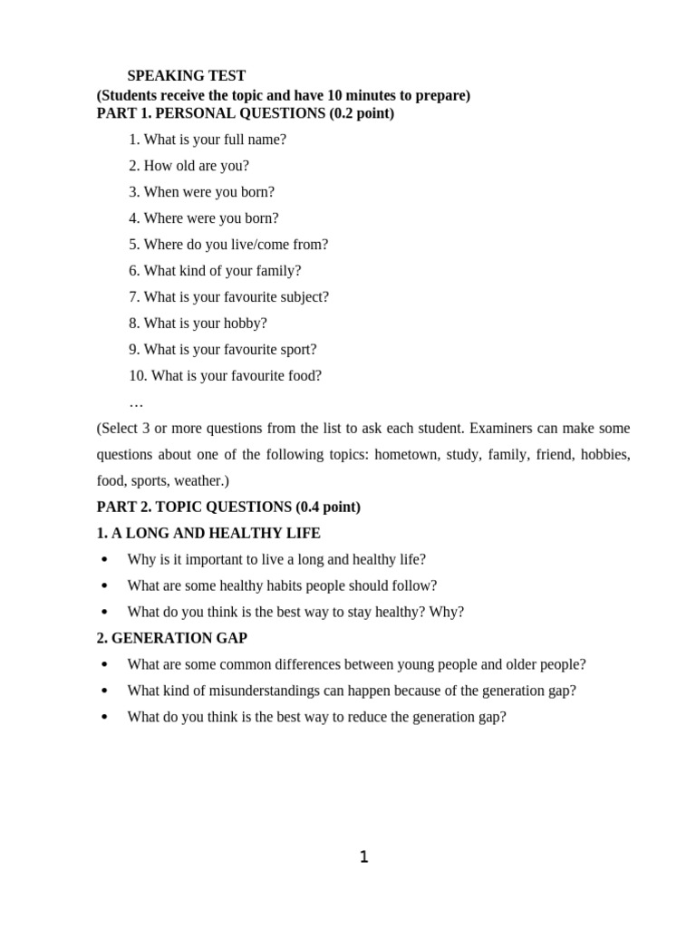 Speaking Test Questions and Topics | PDF