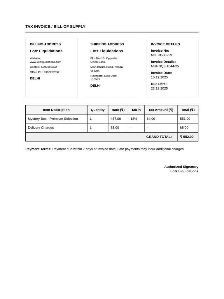 Lotz Liquidations Tax Invoice MKT-3583299 | PDF