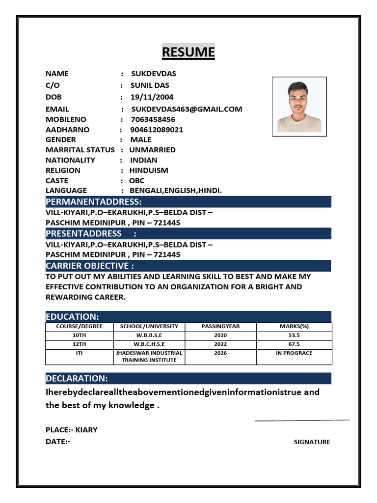 Resume of Sukdev Das - Indian Candidate | PDF