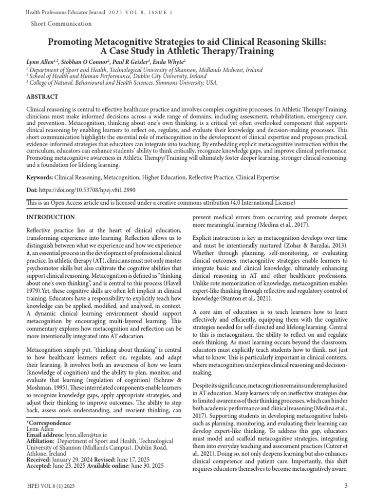 Metacognitive Strategies in Athletic Therapy | PDF | Metacognition ...