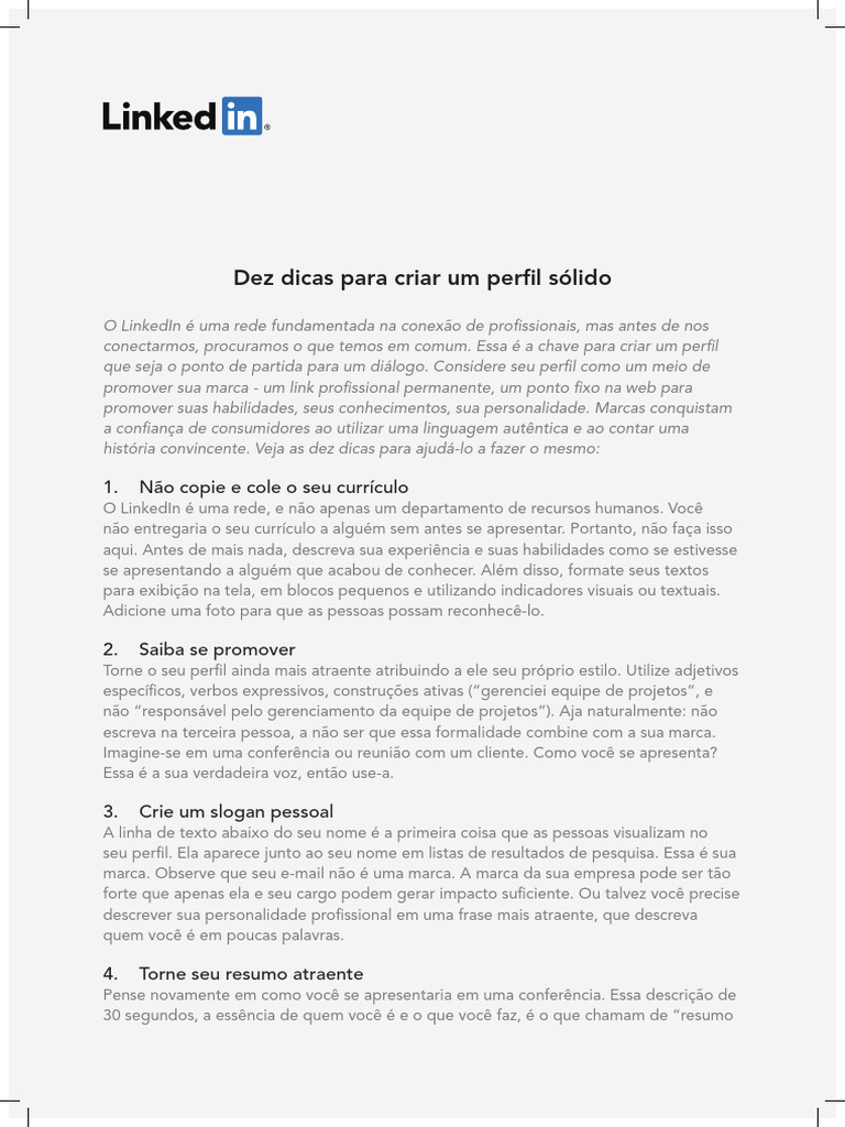10 Dicas para Um Perfil LinkedIn Eficaz | PDF | Abstract (resumo)