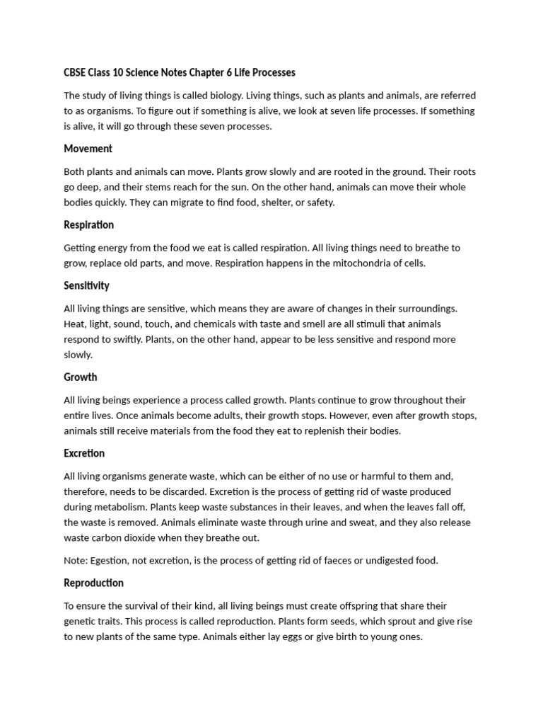 CBSE Class 10 Science Life Processes Notes | PDF | Blood | Digestion