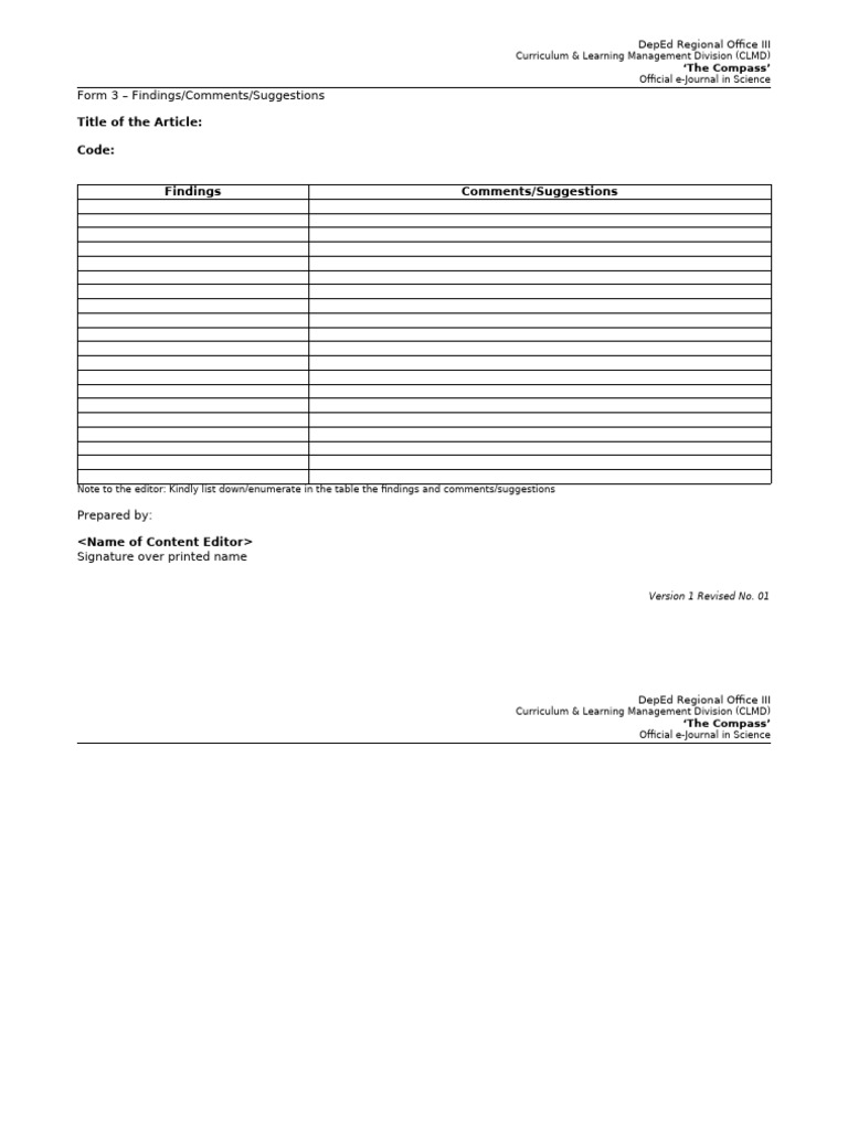 Form 3 FindingsCommentsSuggestions | PDF