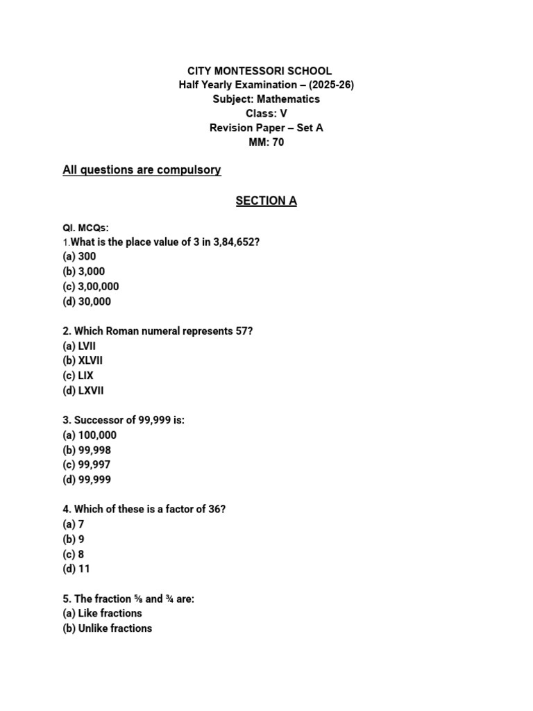 Class V Mathematics Revision Paper | PDF | Mathematical Concepts ...