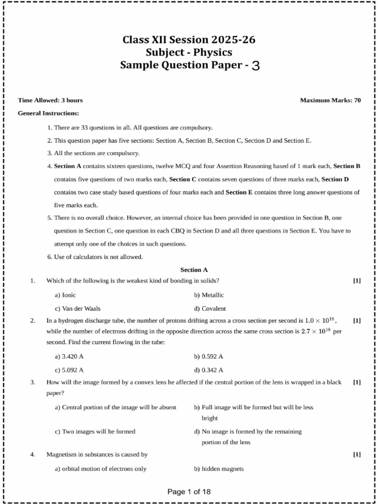 Physics Sample Paper 3 | PDF