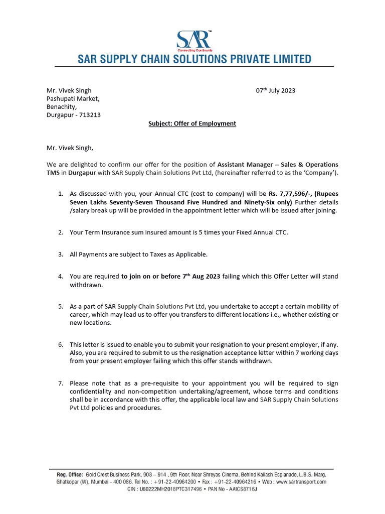 Job Offer for Assistant Manager Position | PDF