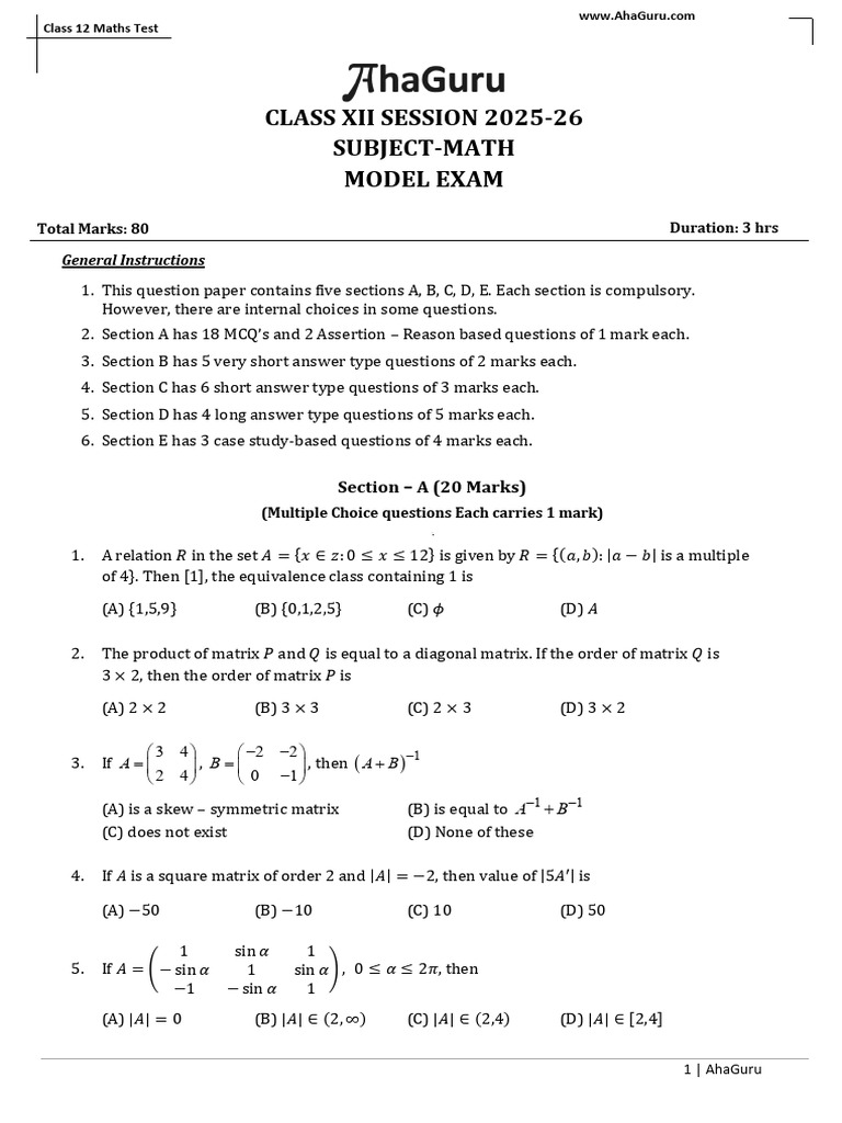 Class 12 Maths Model Exam Paper | PDF | Mathematical Analysis | Mathematics