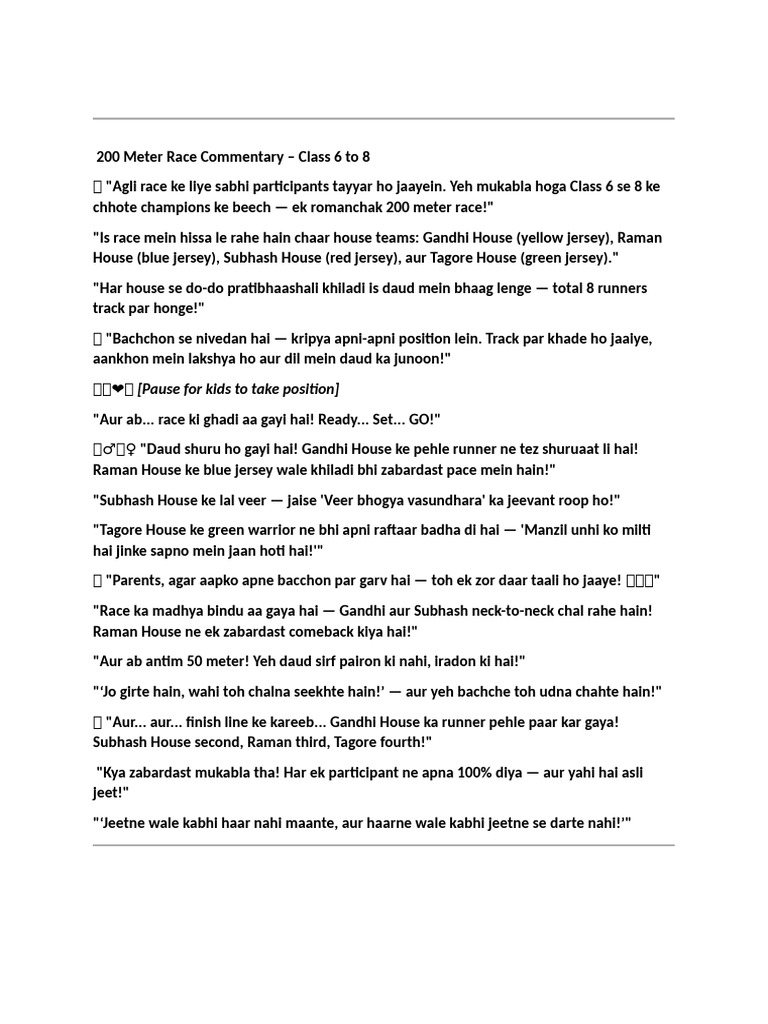 200 Meter Race Commentary for Classes 6-10 | PDF | Running | Athletics
