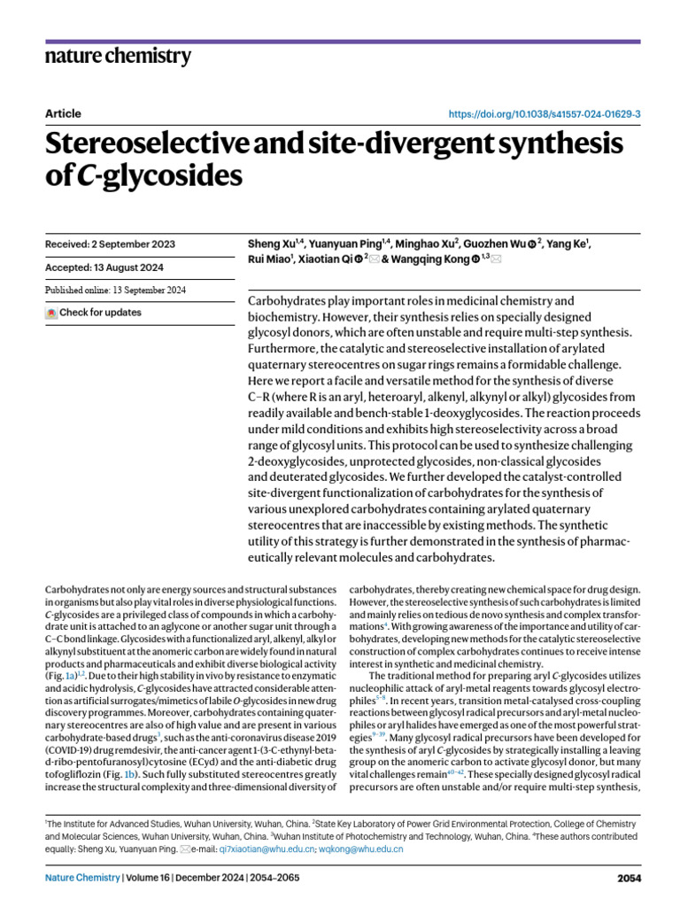 Stereoselective Synthesis of C-Glycosides | PDF | Catalysis | Chemical ...