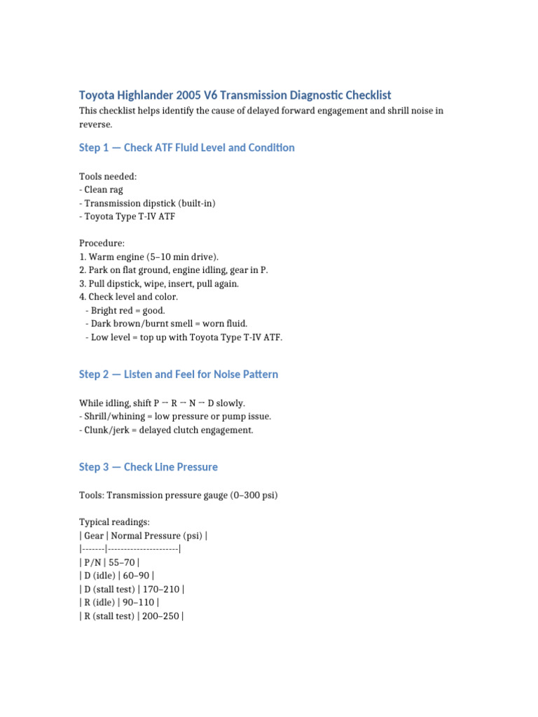 2005 Toyota Highlander V6 Transmission Checklist | PDF | Clutch ...