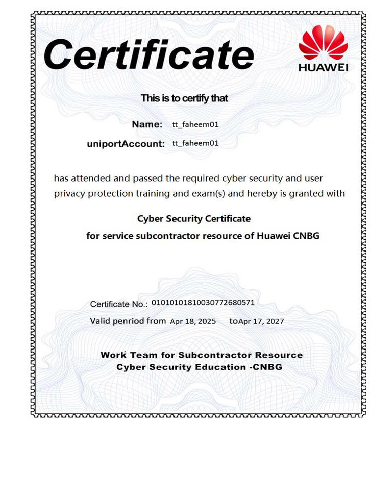 Cyber Security Certificate For The Subcontractor Resources | PDF