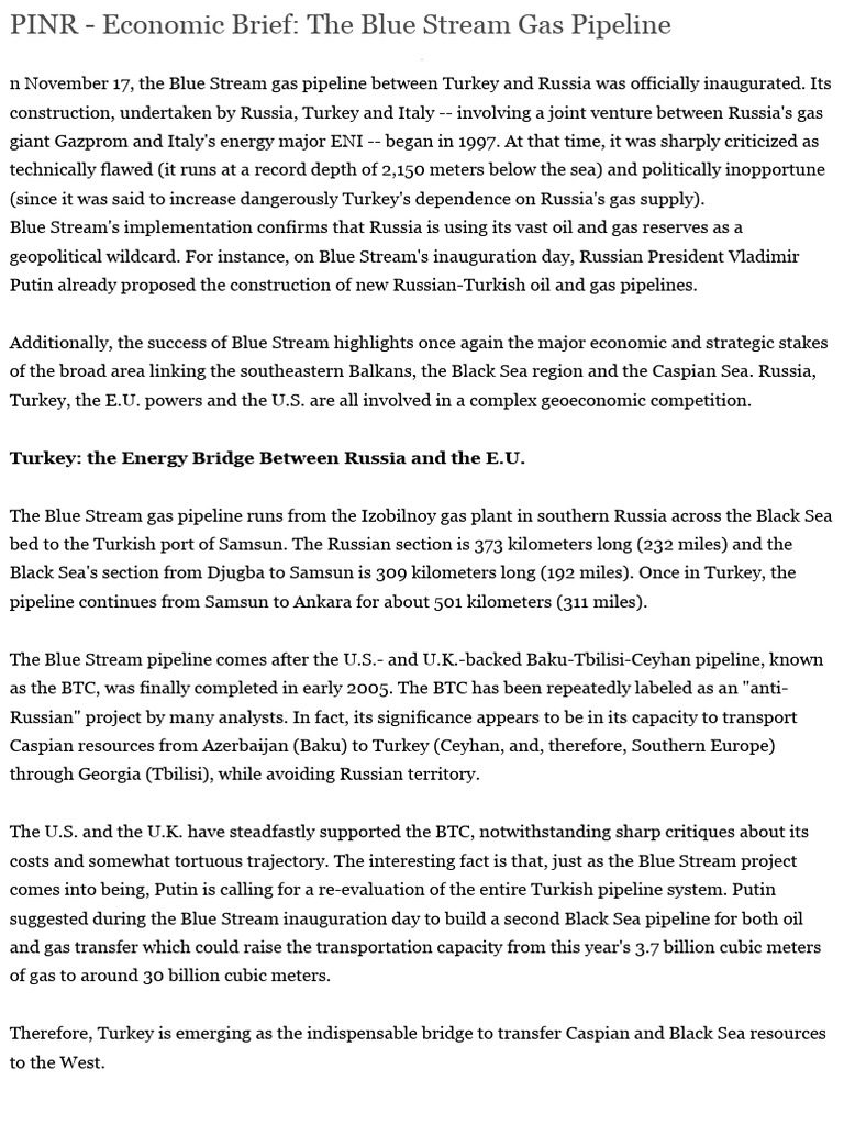Blue Stream Pipeline: Turkey-Russia Energy Dynamics | PDF ...
