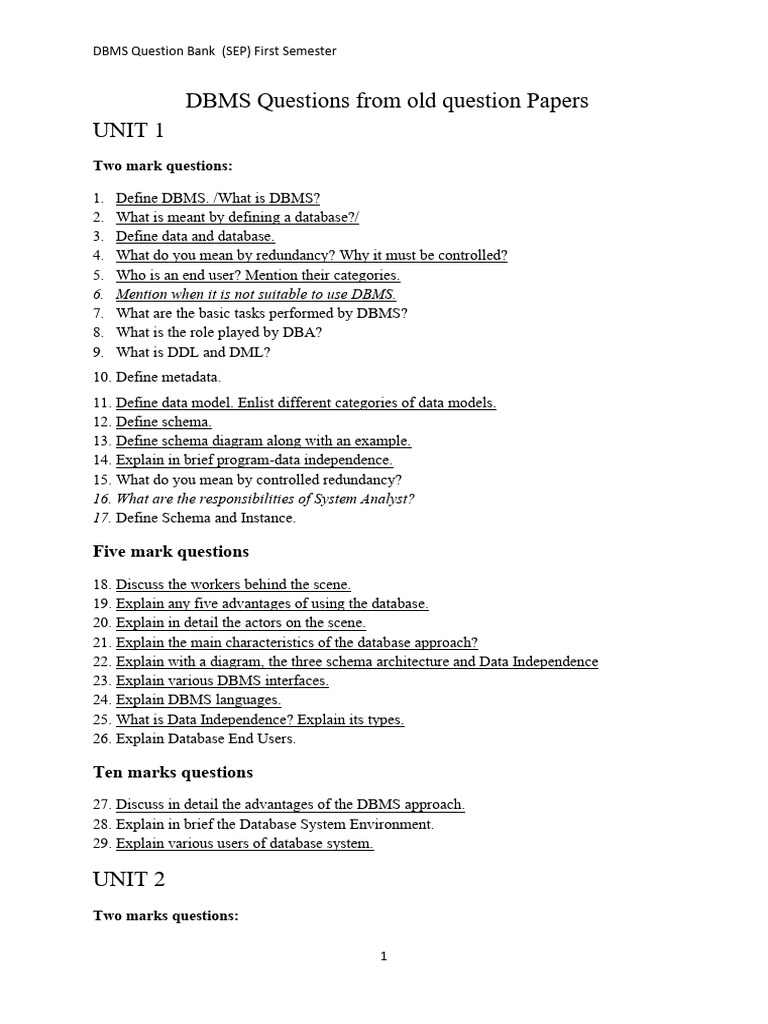 DBMS Question Bank for First Semester | PDF | Databases | Sql
