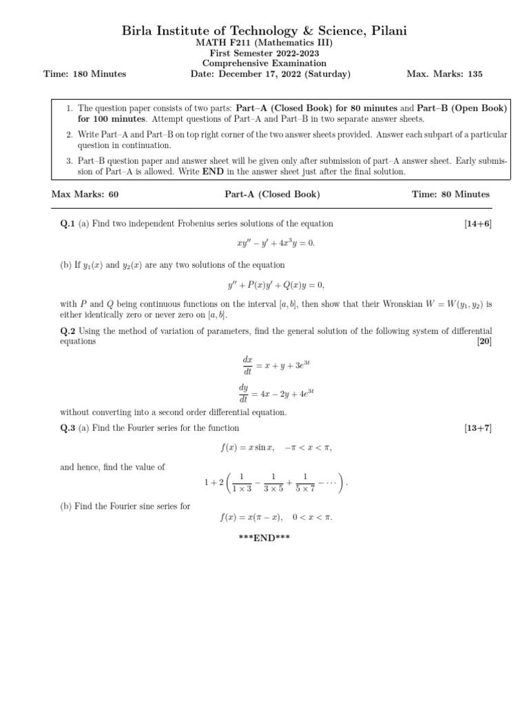 1154 MATH F211 20221228103003 Comprehensive Exam Question Paper | PDF ...