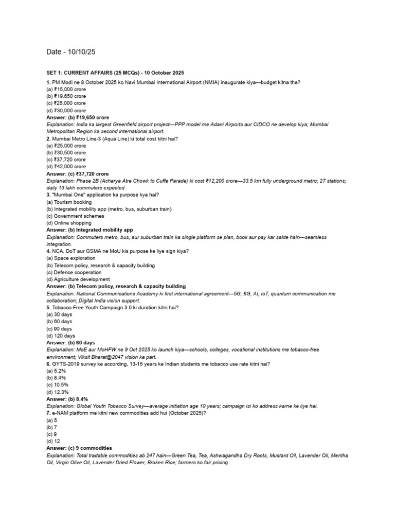 Current Affairs MCQs - October 2025 | PDF | White Blood Cell ...