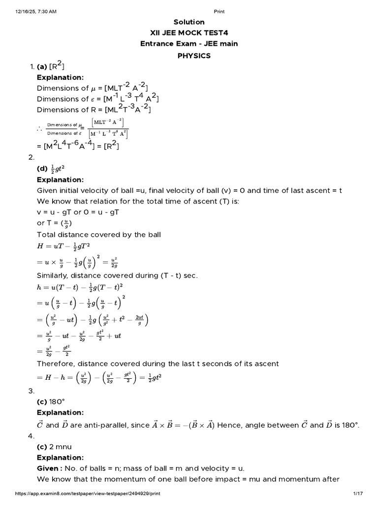 JEE Main Physics Mock Test Solutions | PDF | Physical Phenomena ...