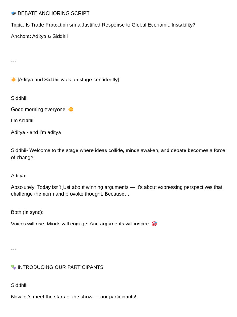 ? Debate Anchoring Script.pdf | PDF | Protectionism | Trade