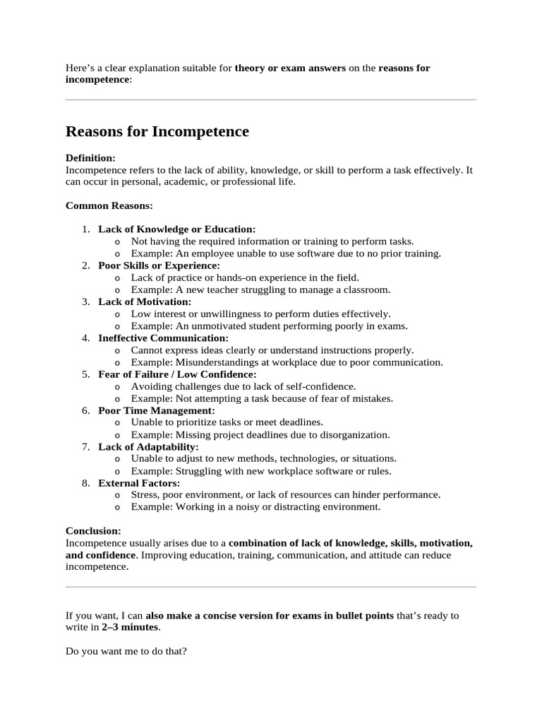 Reasons for Incompetence Explained | PDF | Communication | Nonverbal ...