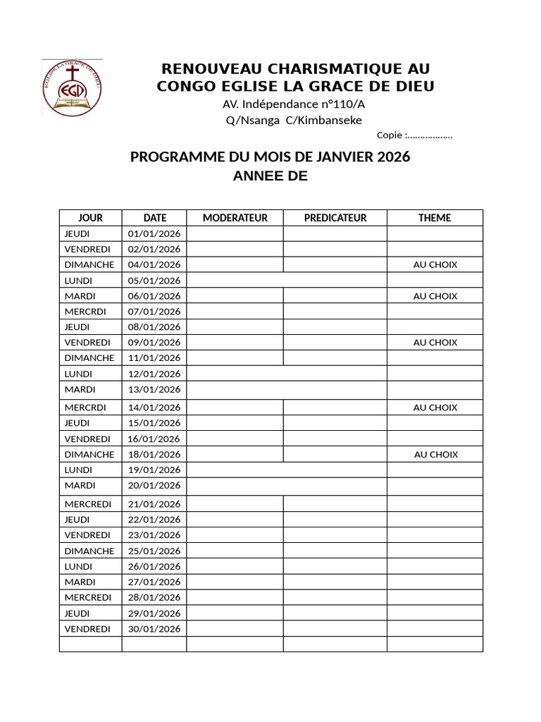 Programme de janvier 2026 - Église La Grâce de Dieu | PDF