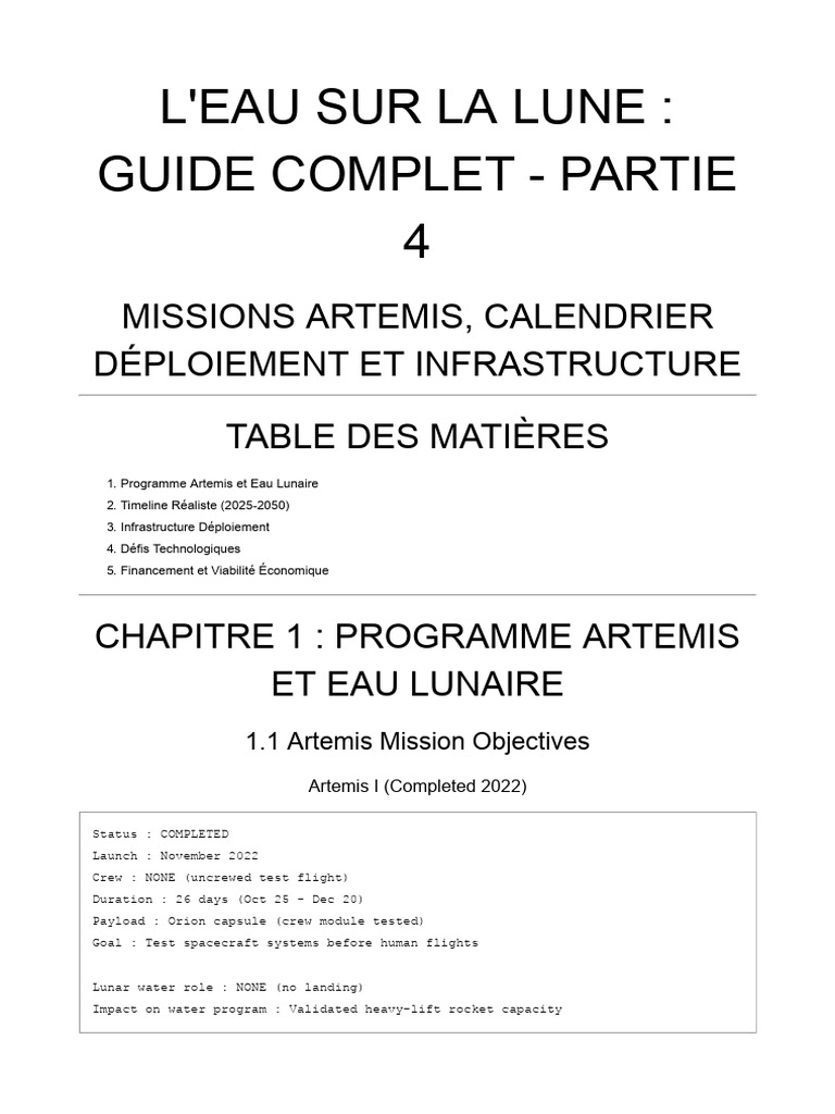 Guide sur l'Eau Lunaire et Missions Artemis | PDF | Energy Storage | Moon