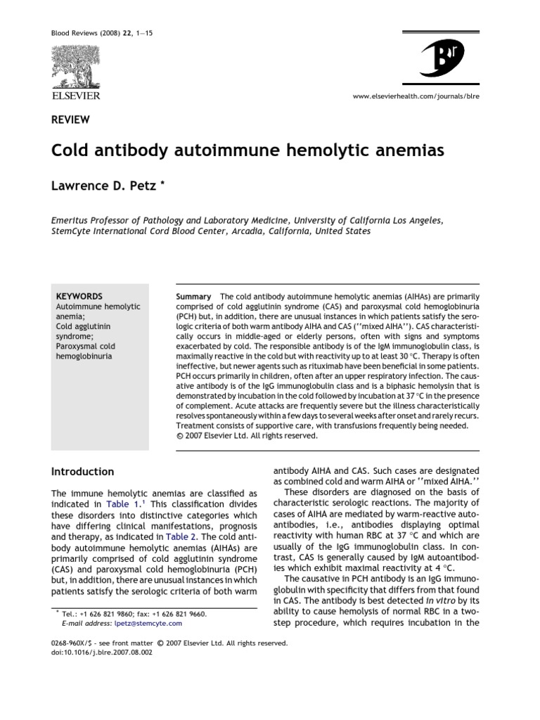Cold Antibody Autoimmune Hemolytic Anemias Jan2008 Autoimmunity Anemia