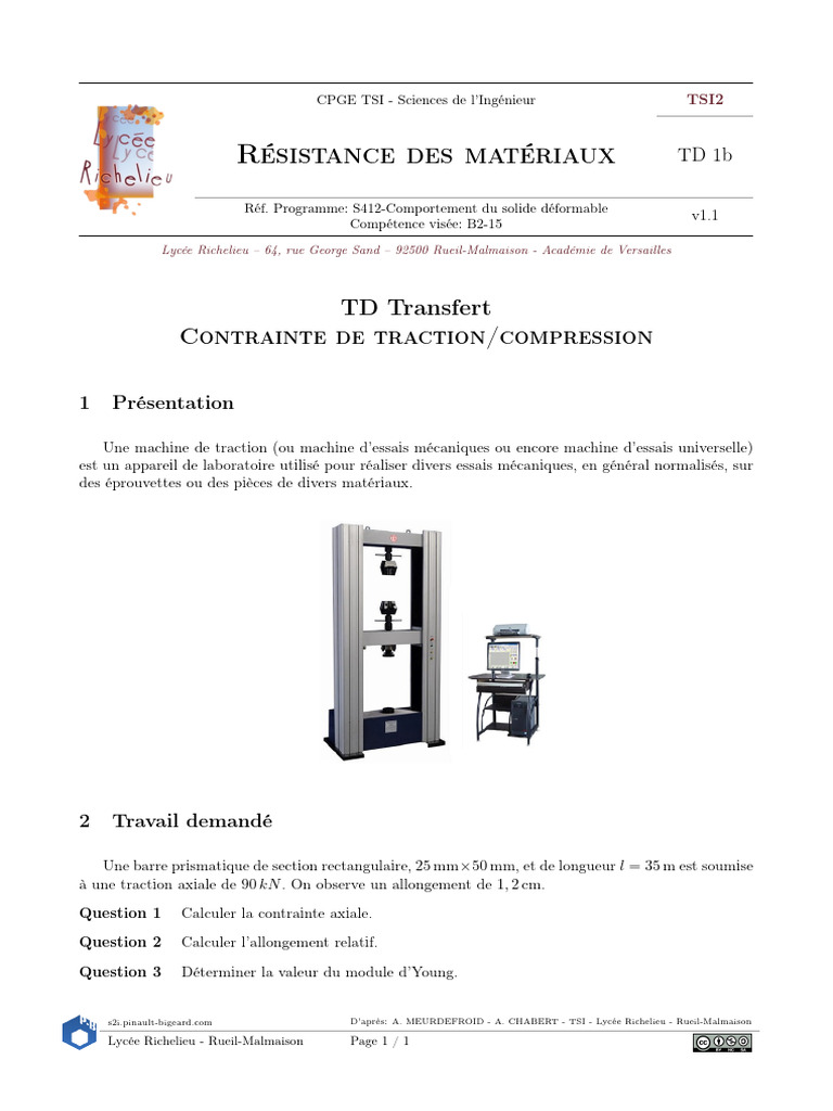 Résistance des matériaux : TD sur traction | PDF