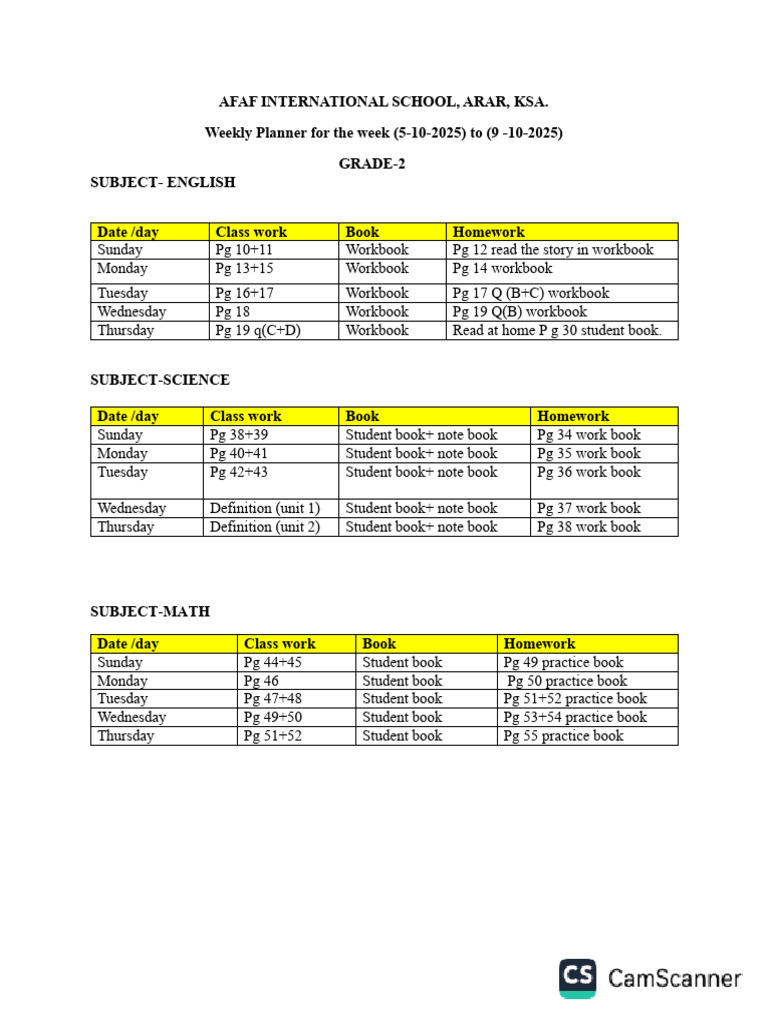 Grade 2 Weekly Planner: Oct 5-9, 2025 | PDF