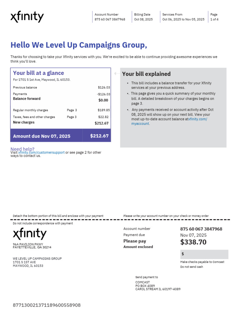 Xfinity Bill Summary for 1701 S 1st Ave | PDF | Telecommunications ...