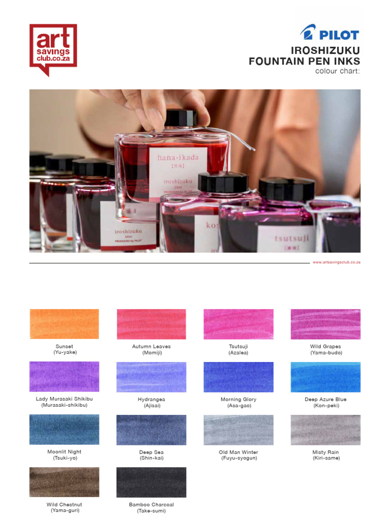 Pilot Iroshizuku Fountain Pen Inks Colour Chart ArtSavingsClub 2 | PDF