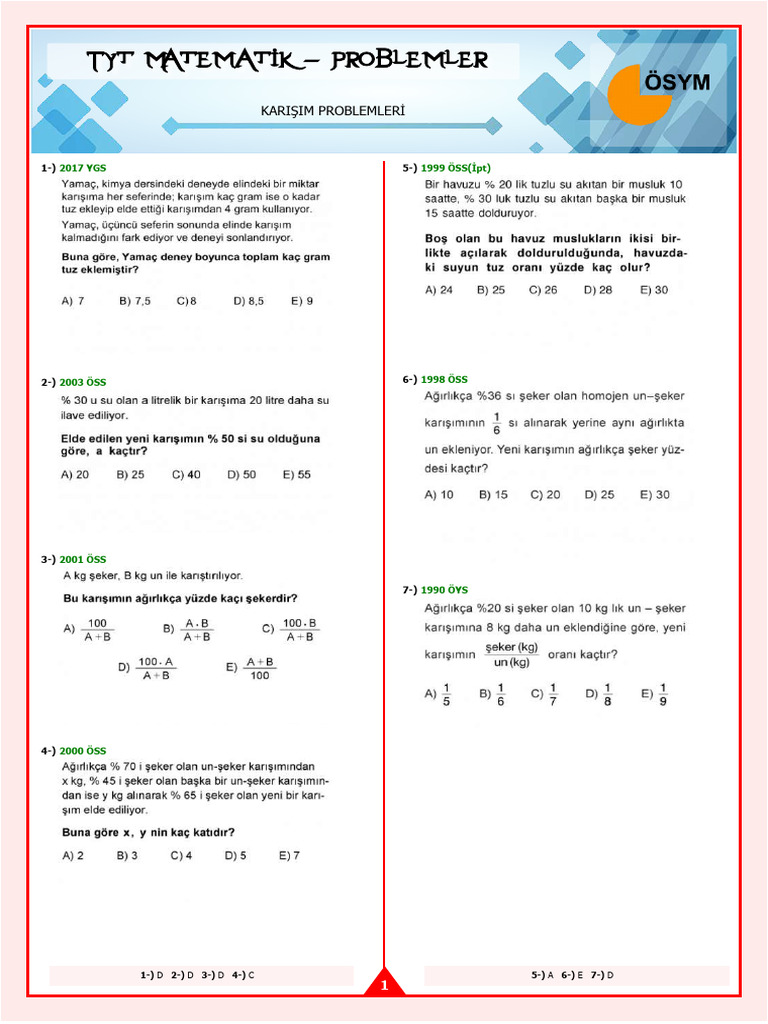 Tyt Matematik Karisim Problemleri Cikmis Test Sorulari Ve Cevaplari | PDF