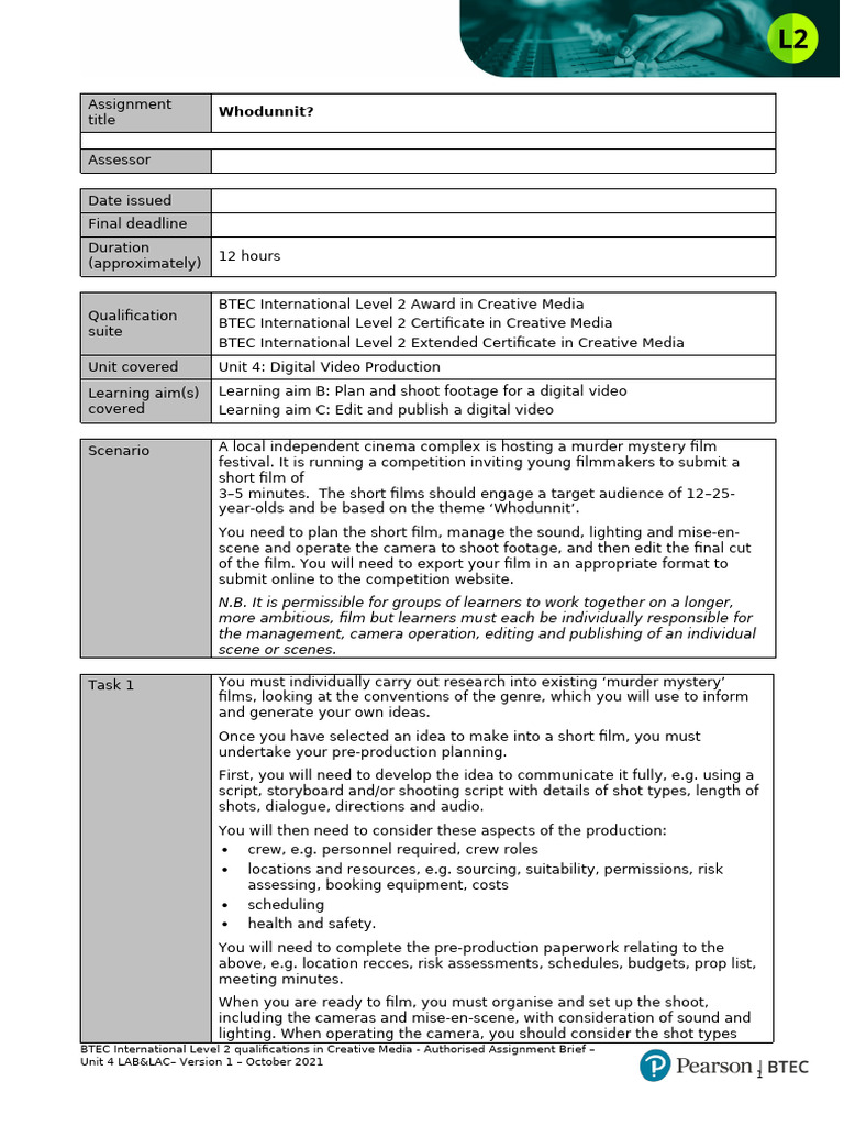 Unit 4 Digital Video Prod AAB Learning Aim BC | PDF | Filmmaking