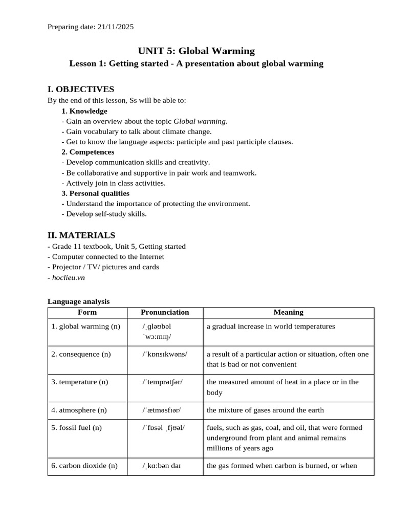 Global Warming Lesson Plan for Students | PDF | Climate Change | Vocabulary