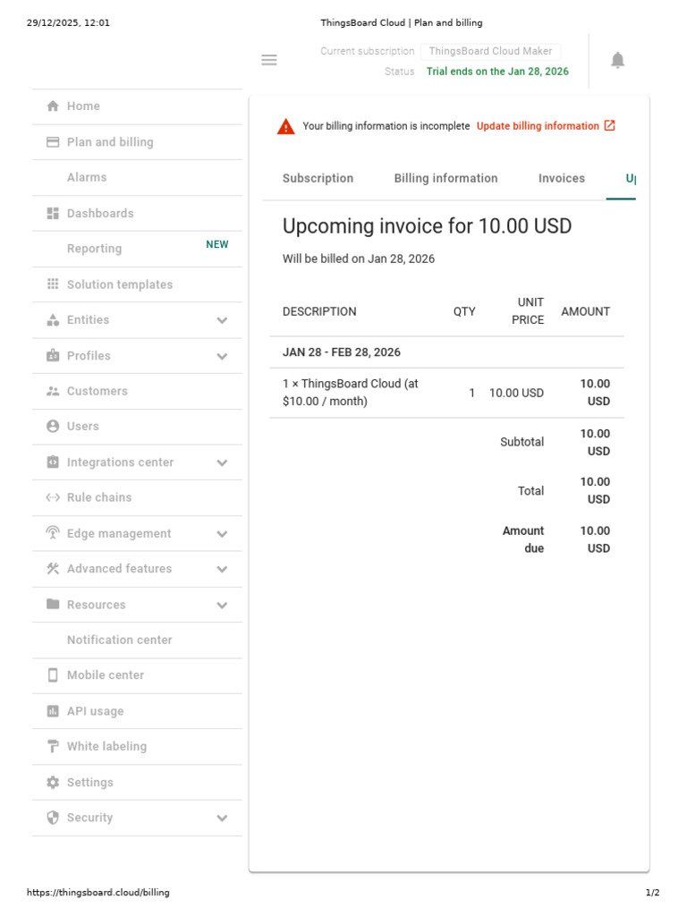 ThingsBoard Cloud - Plan and Billing | PDF | Invoice | Information ...