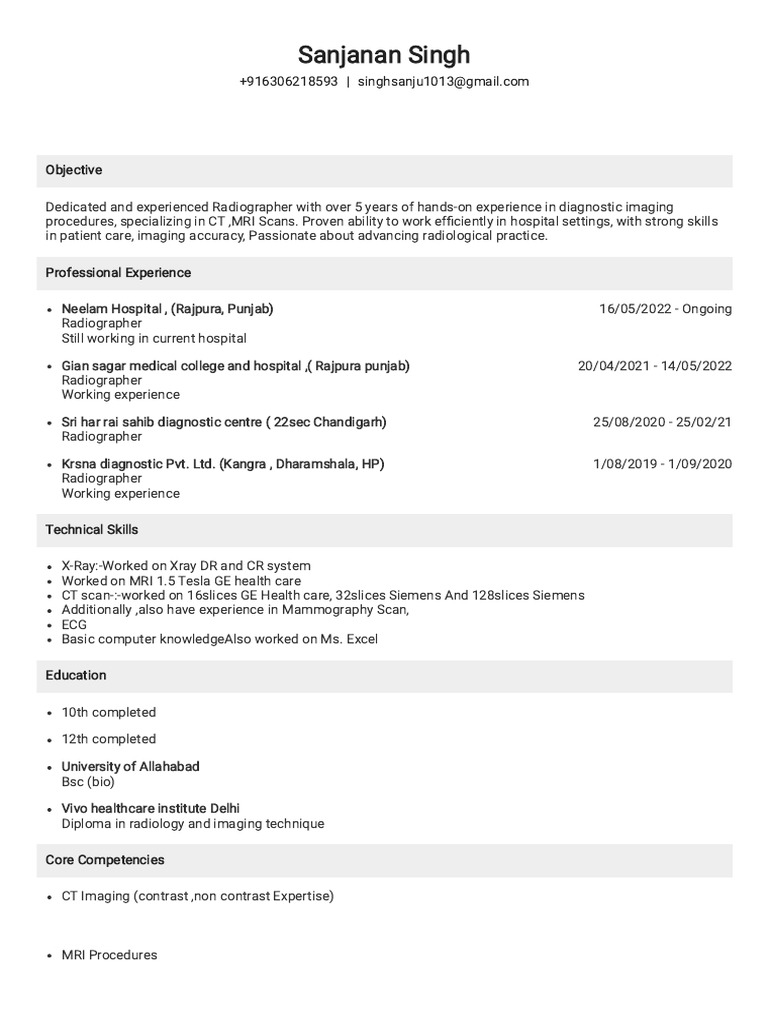 Experienced Radiographer Resume | PDF | Medical Imaging | Radiology