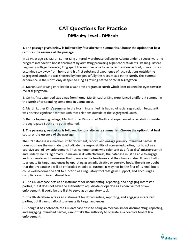 CAT Practice Questions - Difficult Level | PDF | Stress (Linguistics ...