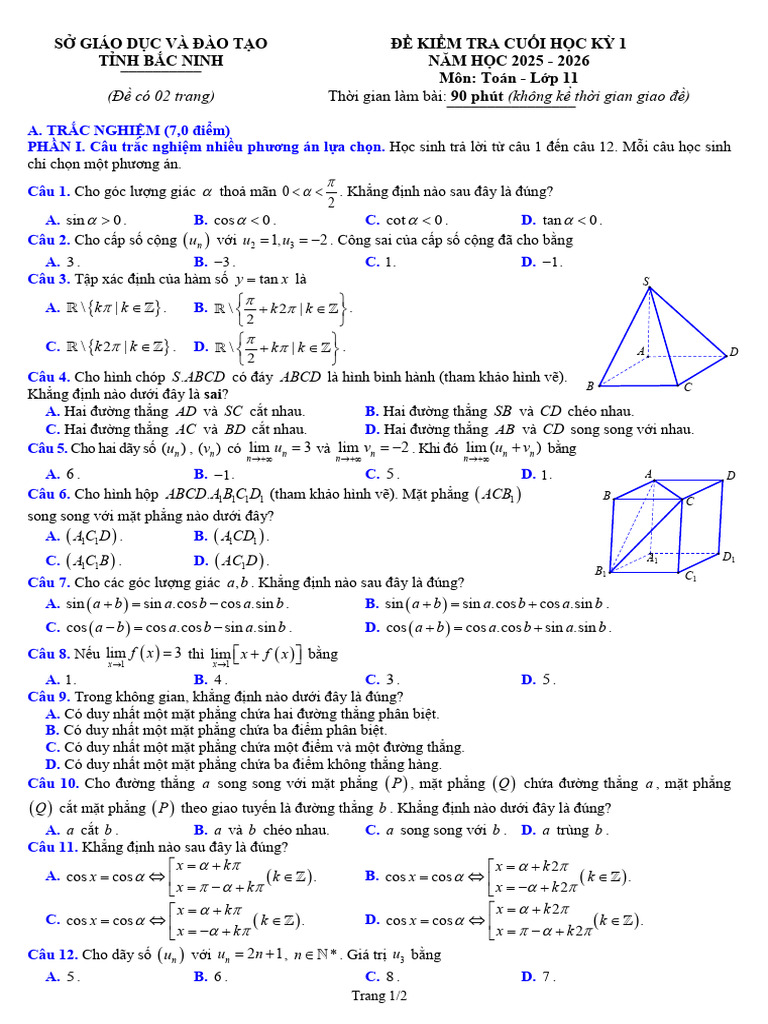 De Kiem Tra Cuoi Hoc Ky 1 Toan 11 Nam 2025 2026 So GDDT Bac Ninh | PDF