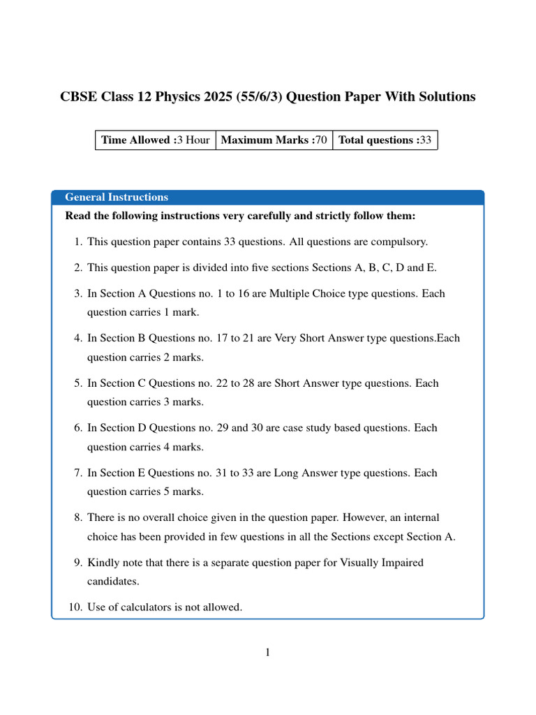 CBSE Class 12 Physics 2025 Question Paper | PDF | Nuclear Force ...