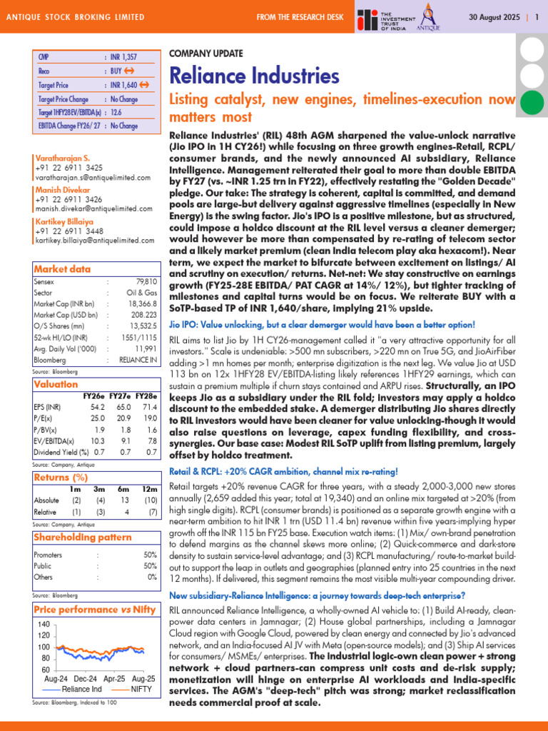 Reliance Industries company update - 250830 | PDF | Financial ...