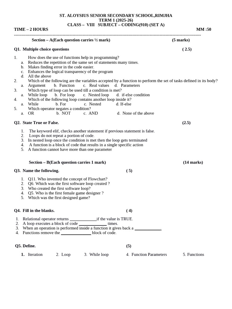 Class8 Term1 Set A, B Computer 2025-26 | PDF | Control Flow | Parameter ...