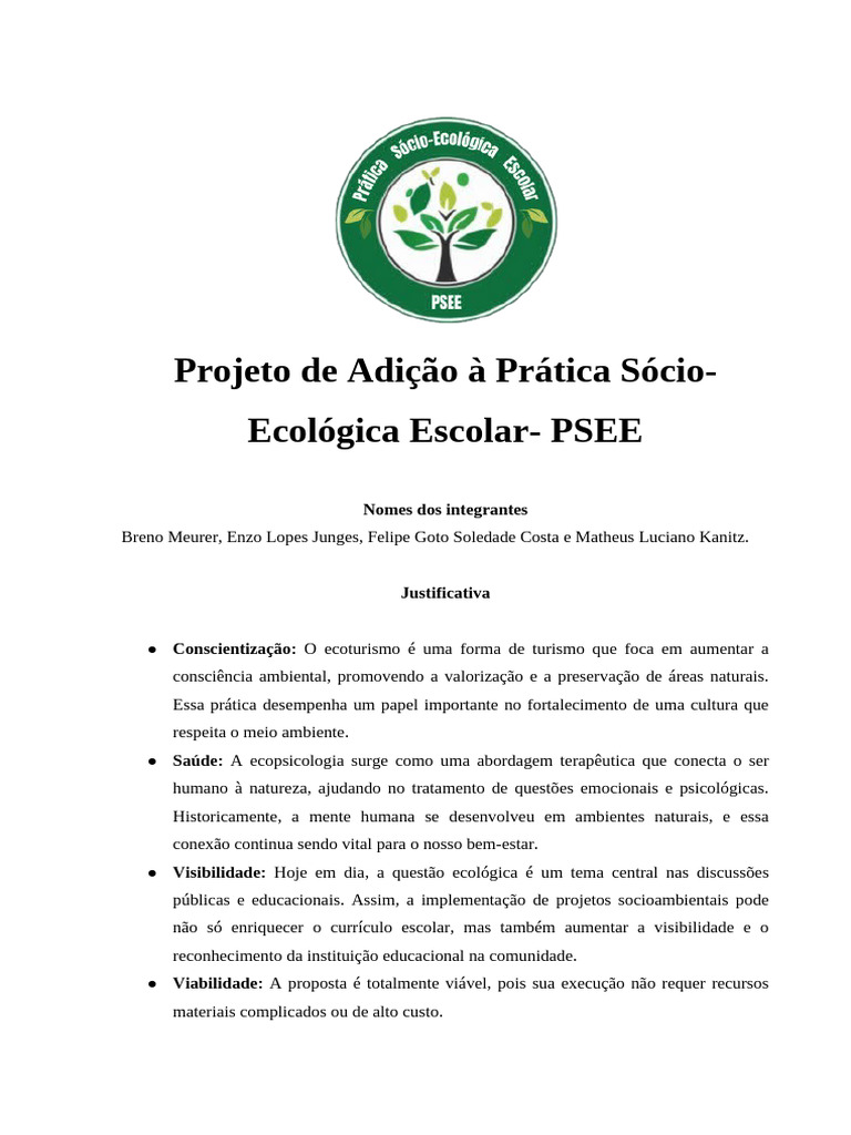 Projeto PSEE: Educação Socioambiental Escolar | PDF | Ecologia ...