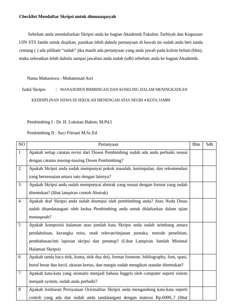 Checklist Mendaftar Skripsi UIN STS Jambi | PDF