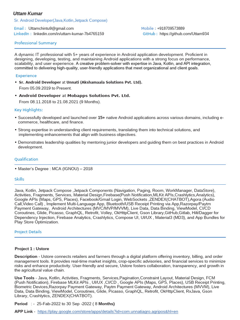 Senior Android Developer Profile | PDF | Android (Operating System ...