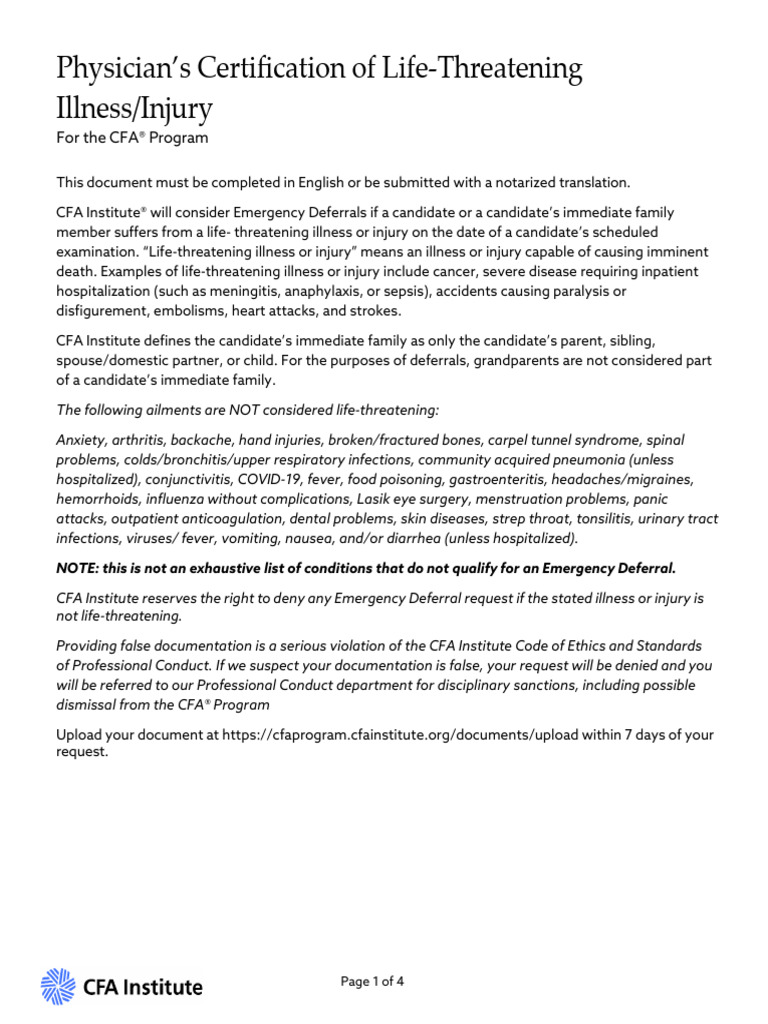 CFA Emergency Deferral Certification Form | PDF | Physician | Medical ...