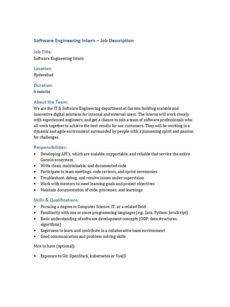 Software Engineering Intern JD | PDF