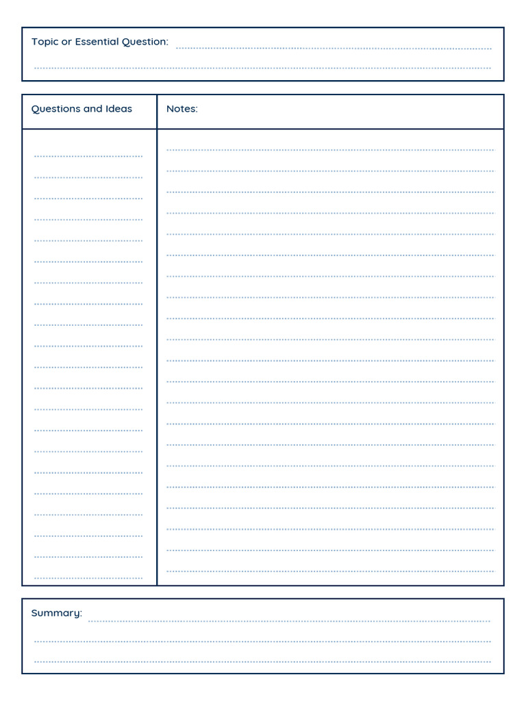 Navy White Simple English Cornell Note Taking Printable and Digital ...