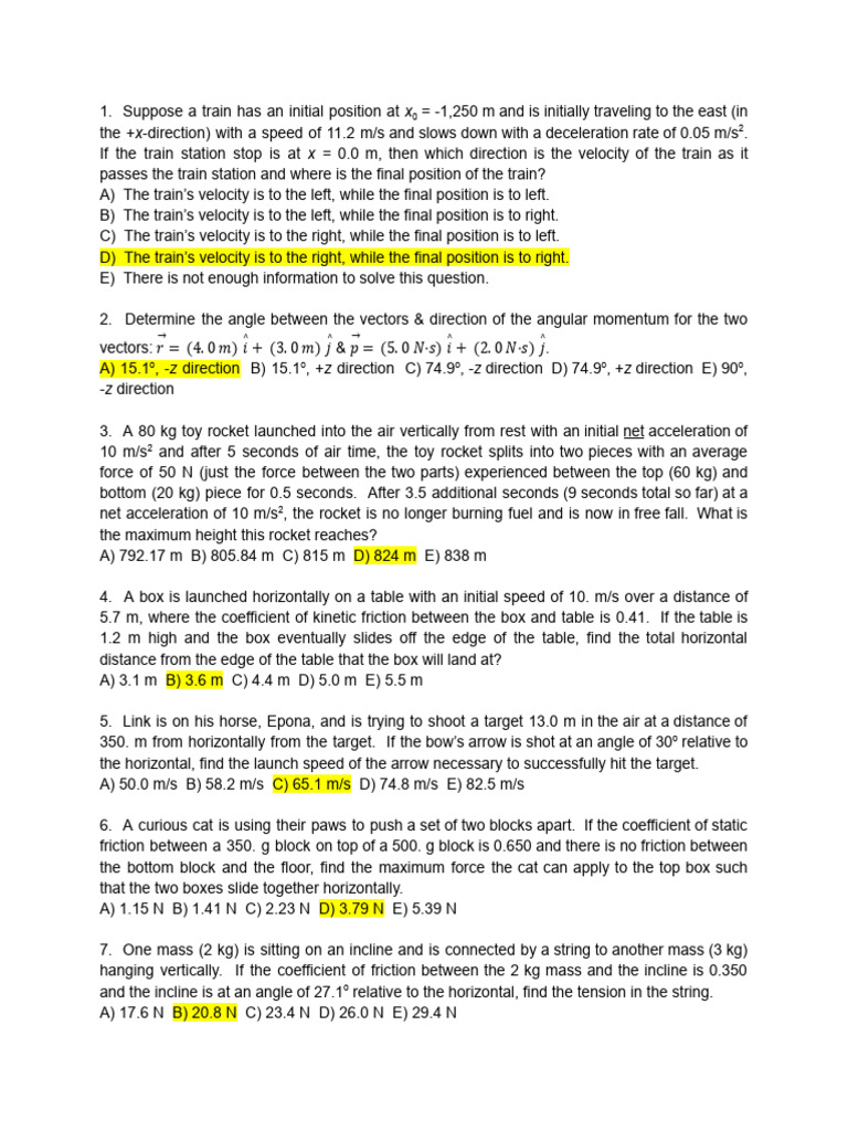 Physics I Practice Final Exam 2 (Answers) | PDF | Force | Waves